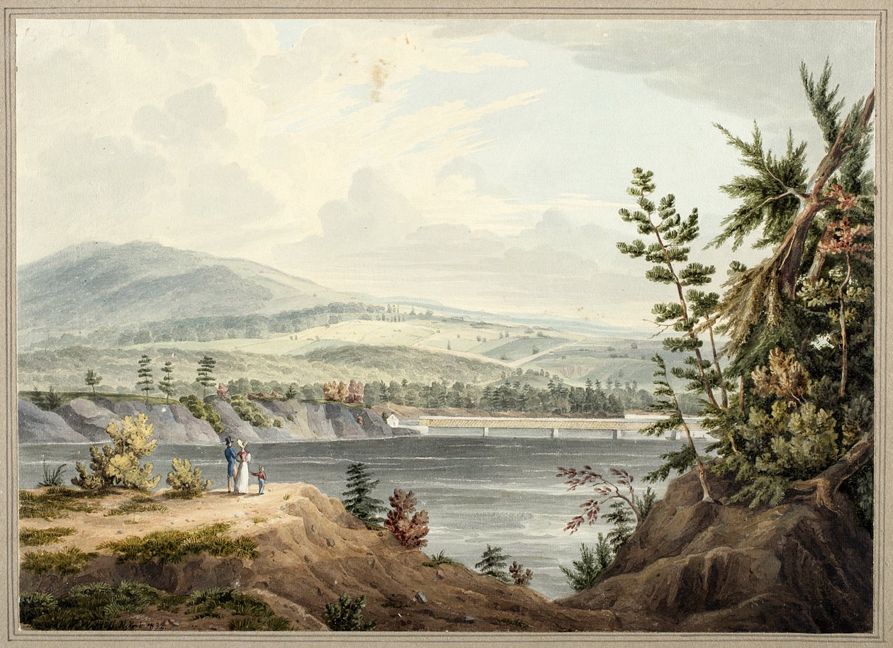 Hudson River Bridge nær Waterford, New York, 1832 (akvarell, gouache, selektiv glass, grafitt og utskraping på papir lagt på kort) av John William Hill