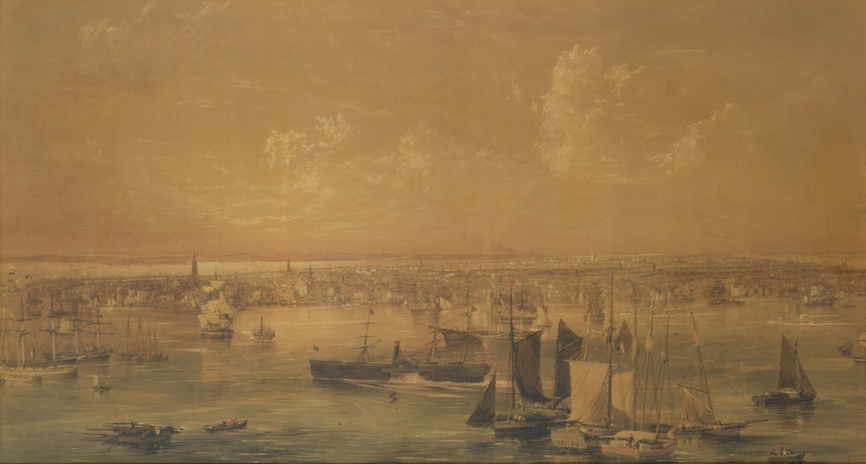 New York fra East River, 1852 (vask, gouache og grafitt) av John William Hill