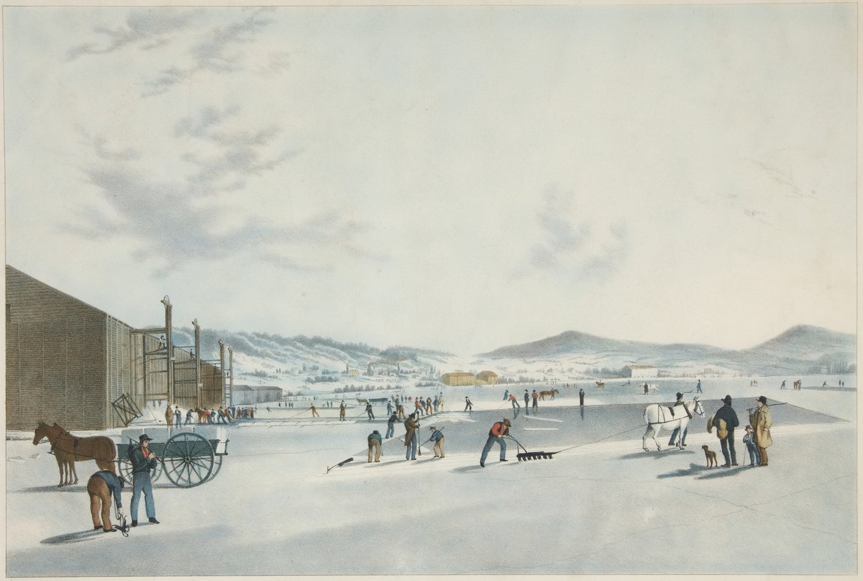 Rockland Lake - Cutting Ice. Utsikt fra nordøst, pub. 1849 av John William Hill