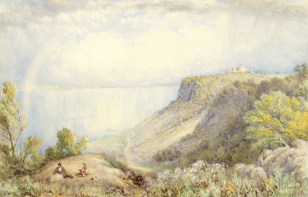 Utsikt over Hudson River fra Palisades, New York, med Rainbow, 1873 Akvarell, grafitt og innslag av gouache på papir, lagt på kort av John William Hill