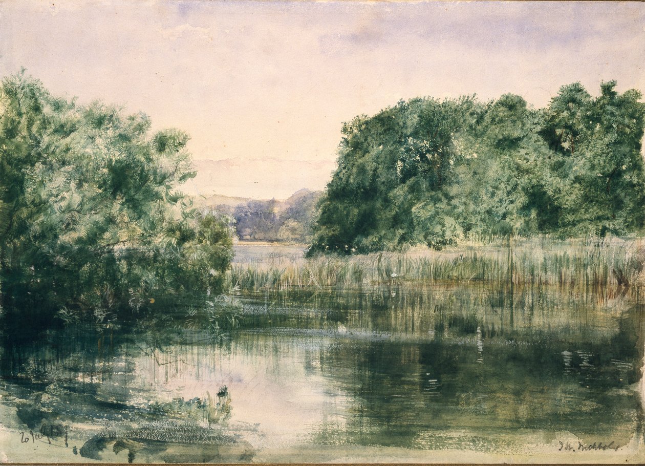 Utsikt over en innsjø med trær, 1857 av John William Inchbold