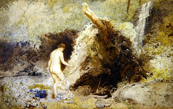 Landskap med figurbading av John William North