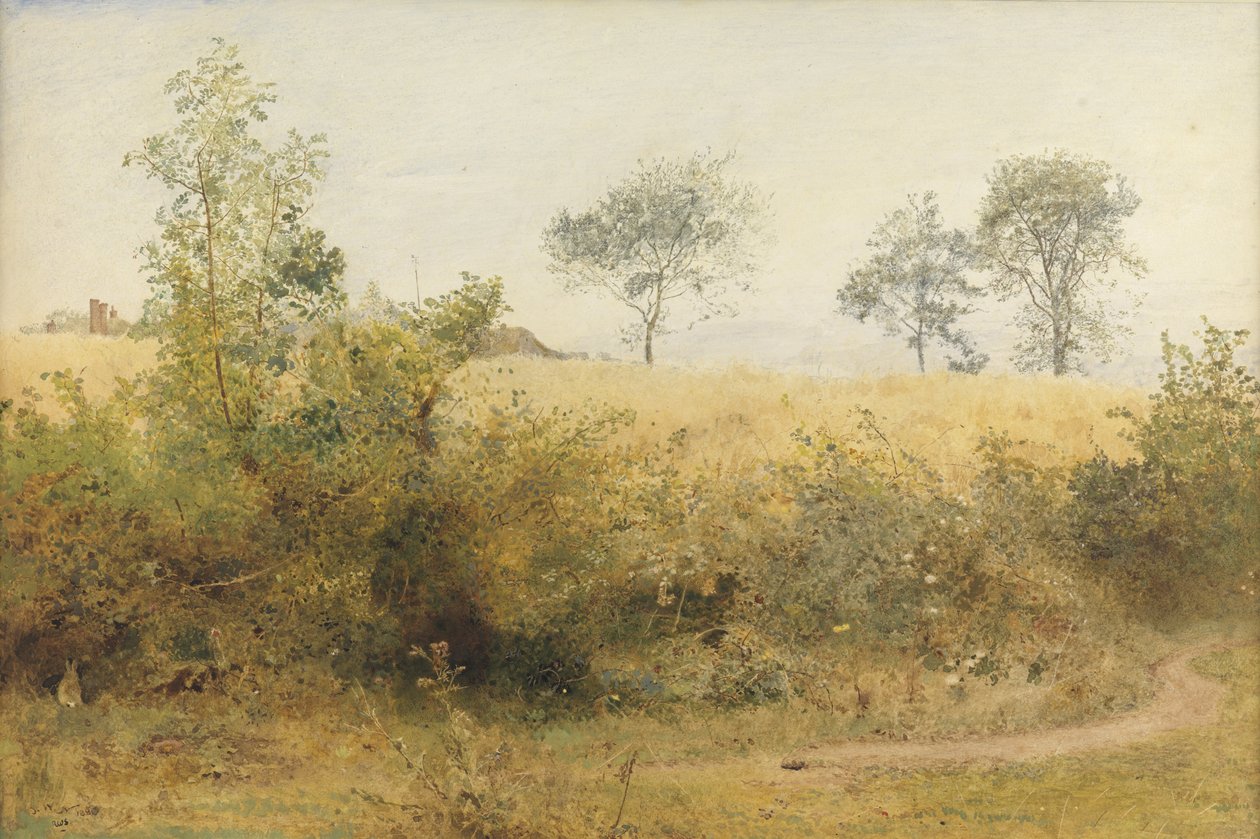 The Bat Begins with Giddy Wing - Barley Field Over the Hedge, 1885 (wc og blyant med utskraping på papir) av John William North