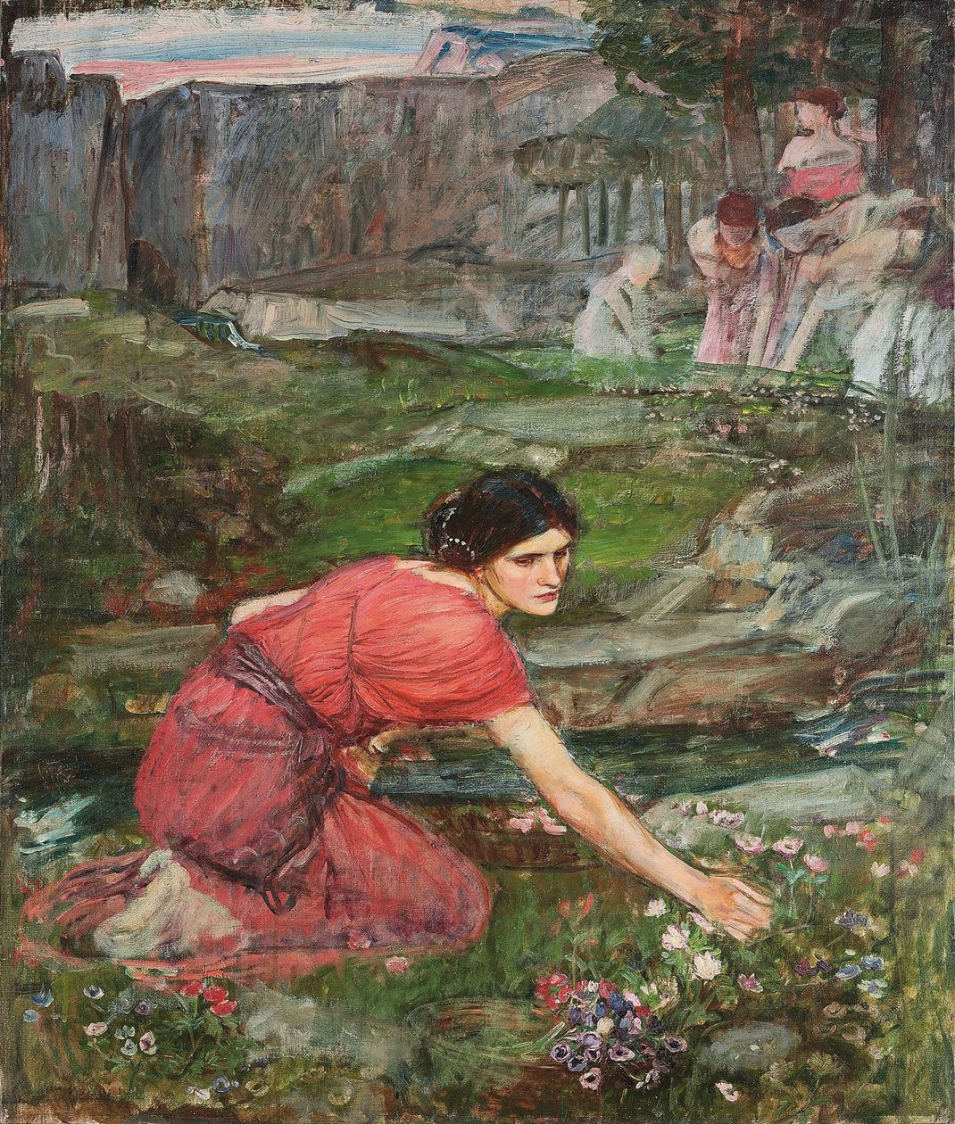 En studie: Jomfruer plukker blomster ved en bekk, ca. 1909-1914 av John William Waterhouse