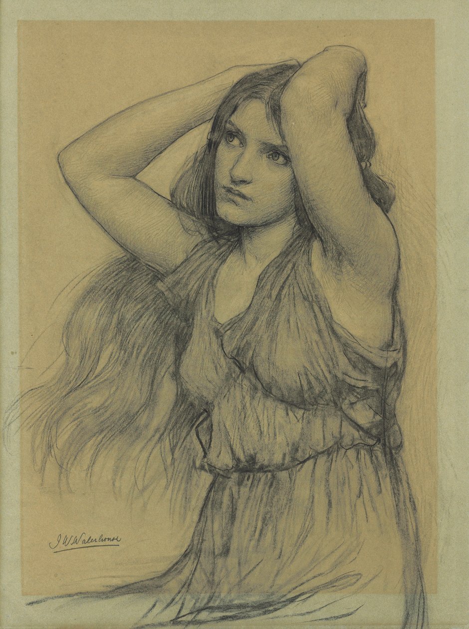 Flora (svart kritt på buff-papir) av John William Waterhouse