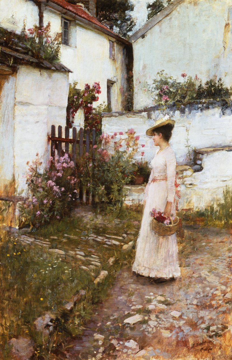 Samler sommerblomster i en Devonshire-hage av John William Waterhouse
