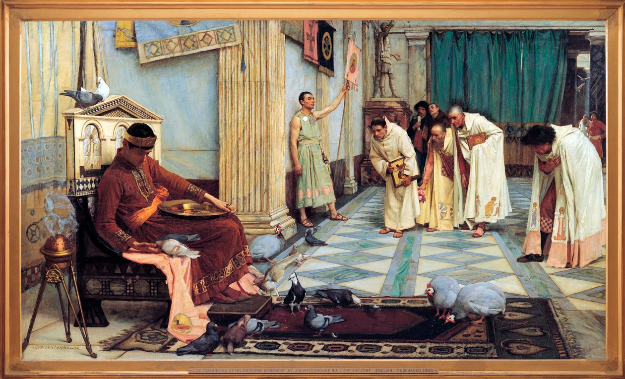""Favoritter til den vestromerske keiseren Honorius (384-423)"" Skildring av keiseren som mater fuglene sine mens rådgiverne hans bukker ydmykt - Maleri av John William Waterhouse (1849-1917) 1883 Art Gallery of South Australia A av John William Waterhouse