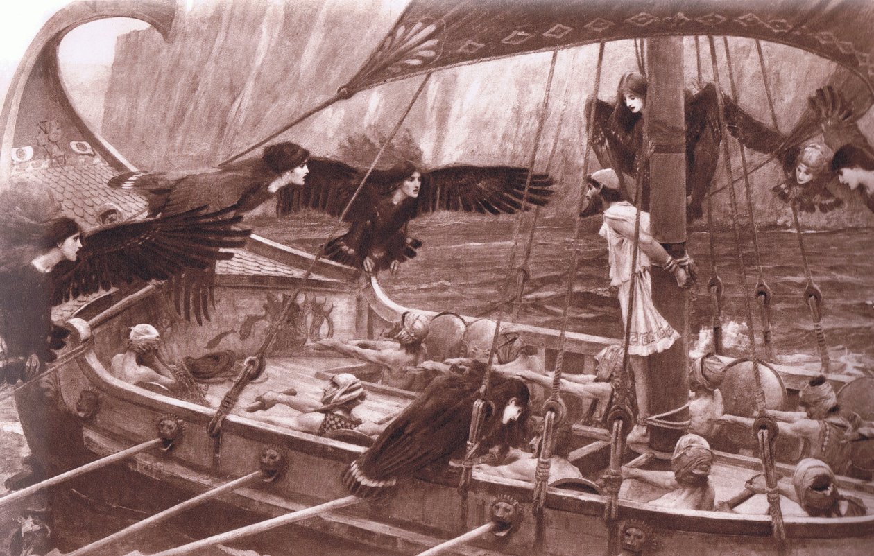 Ulysses and the Sirens, fra MacMillan skoleplakater, ca. 1950-60-tallet av John William Waterhouse