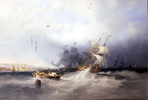En nederlandsk brigg på havnen og annen frakt utenfor en østkysthavn av John Wilson Carmichael