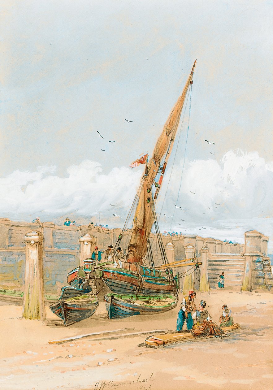 Fiskere som sladrer foran et fartøy på strand, 1846 av John Wilson Carmichael