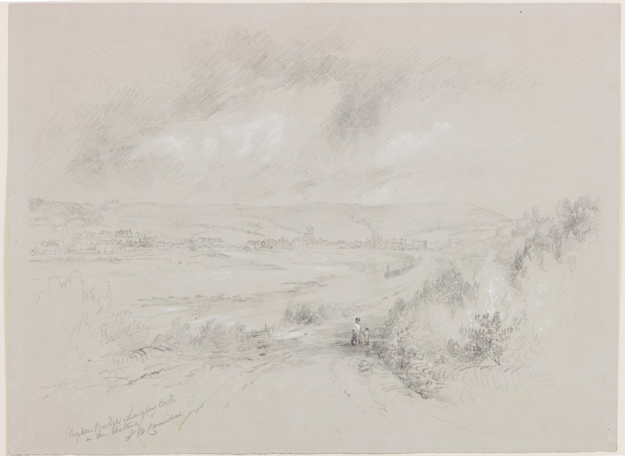Haydon Bridge, Langley Castle in the Distance (bc og blyant på papir) av John Wilson Carmichael