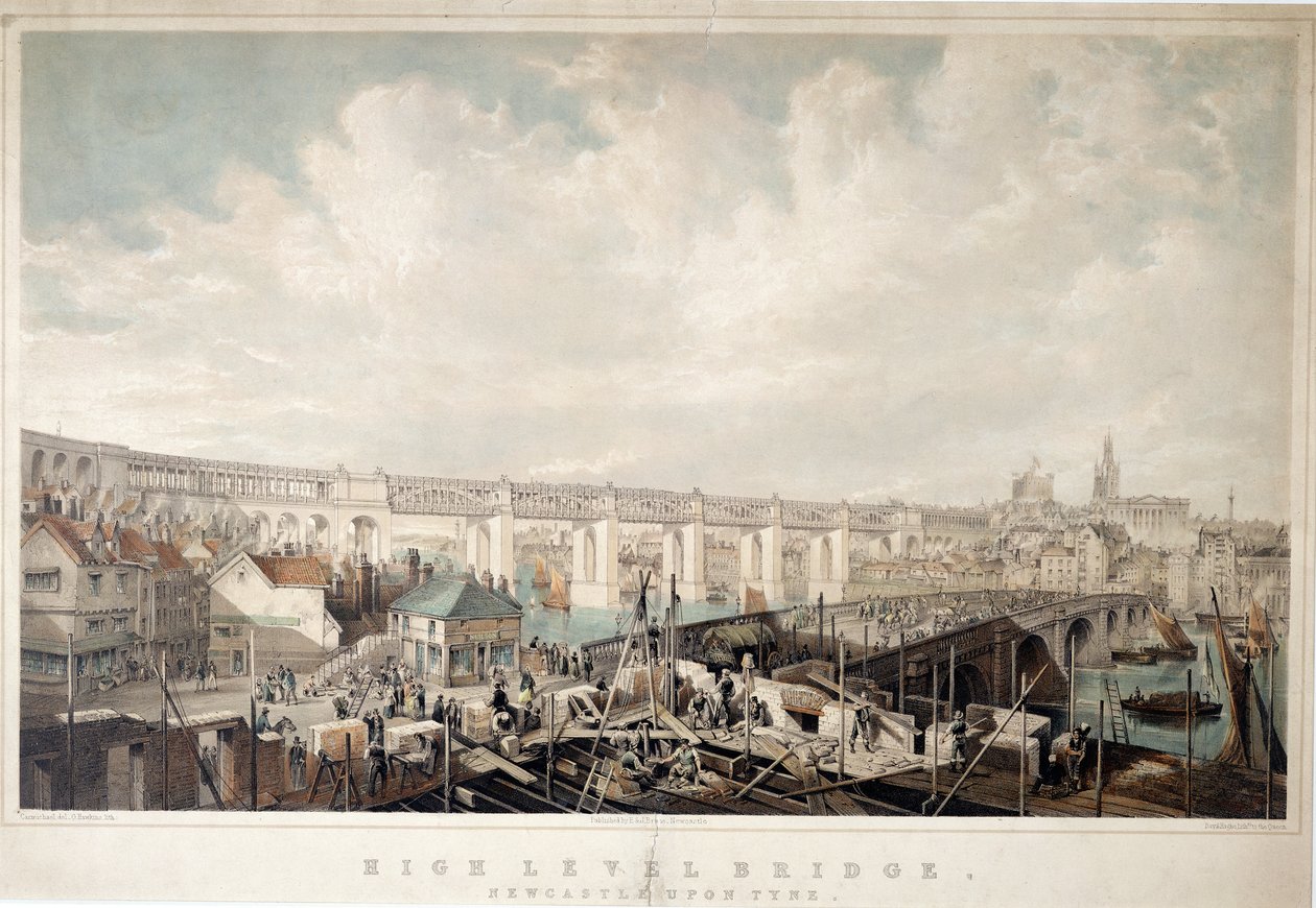 High Level Bridge, Newcastle upon Tyne, gravert av George Hawkins (1819-52) (håndfarget lito) av John Wilson Carmichael