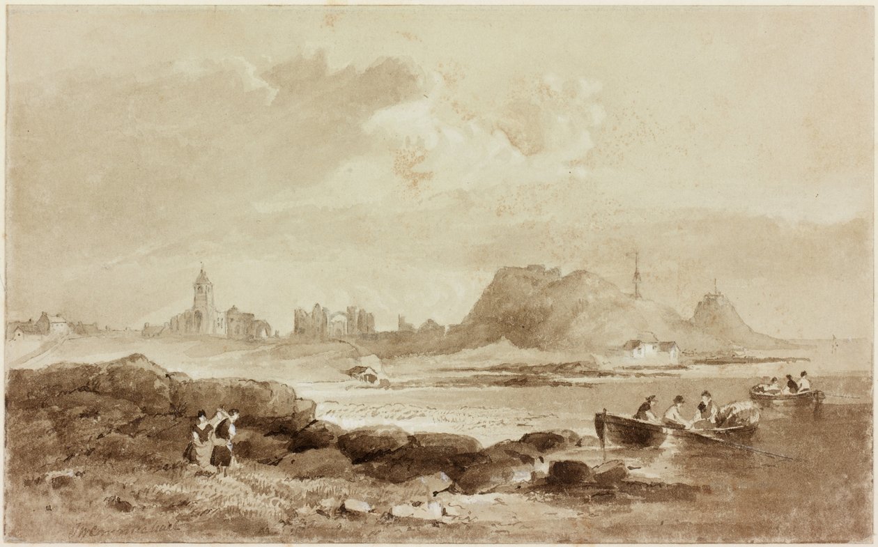 Holy Island (blyant og akvarell (sepia) på papir) av John Wilson Carmichael