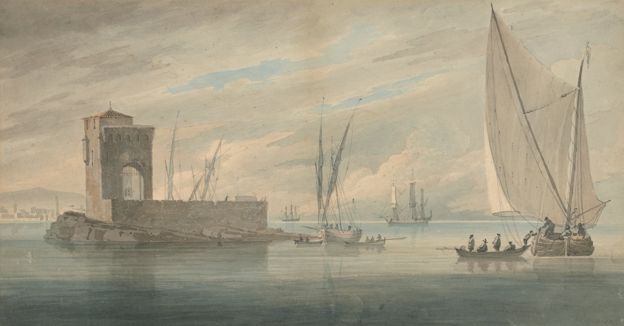 Italiensk kystscene med Island Shipping av John Wilson Carmichael