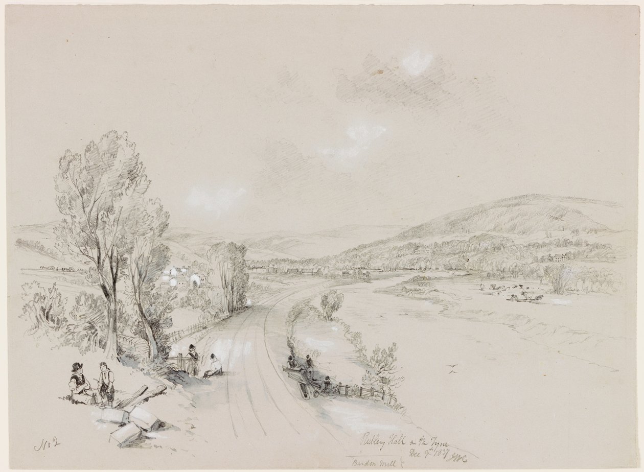 Ridley Hall, Bardon Mill, 1837 (bc og blyant på papir) av John Wilson Carmichael