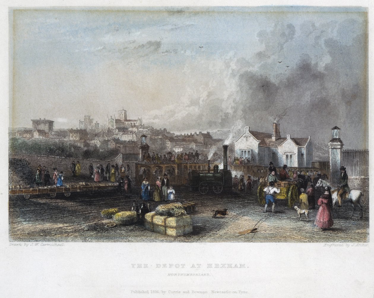 Depotet ved Hexham, Newcastle og Carlisle Railway, gravert av J. Archer, 1836 av John Wilson Carmichael