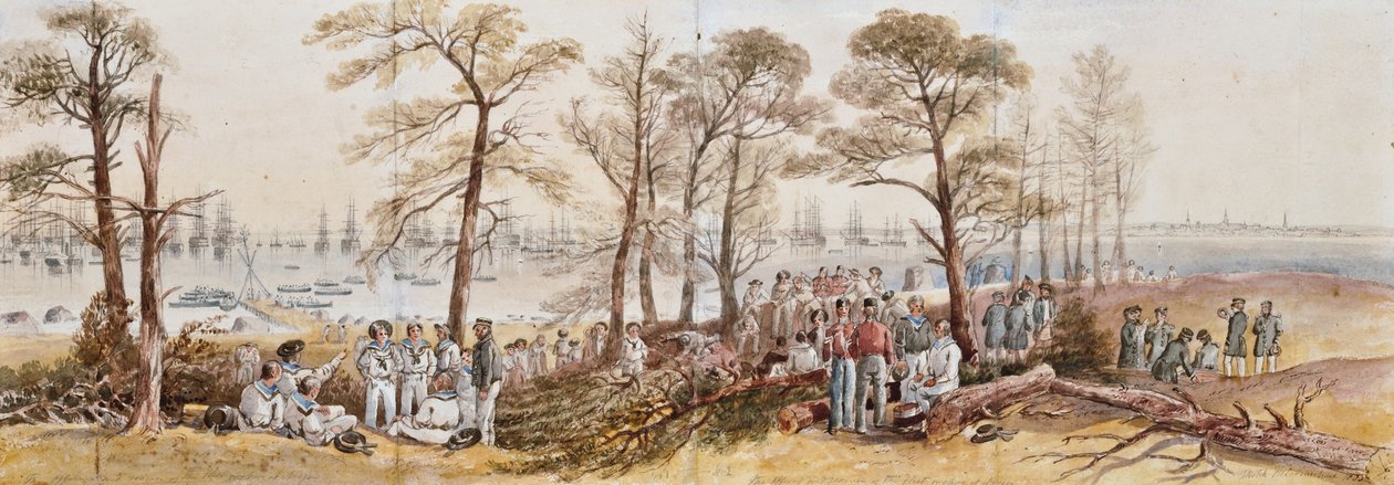 Offiserene og sjømennene fra flåten på land ved Nargen, 1855 av John Wilson Carmichael
