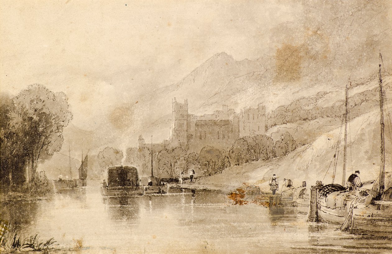 Elvescene med lekter og ruinert slott av John Wilson Ewbank