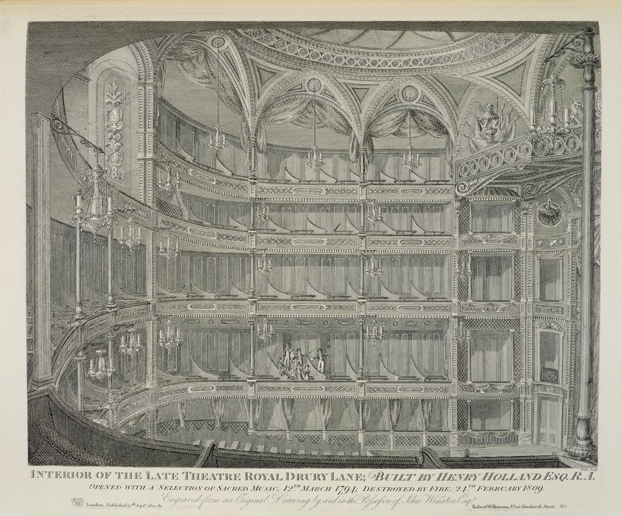 Interiør av Late Theatre Royal, Drury Lane, i London, bygget av Henry Holland, 1794, ødelagt av brann i 1809, gravert av Dale, 1820 av John Winston