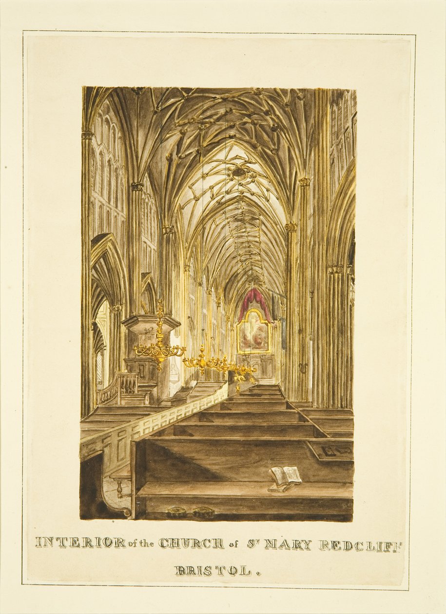 Utsikt over Center Aisle of St Mary Redcliffe, ser østover, viser Hogarth altertavle, ca. 1824 (blyant og akvarell på papir) av John Withers