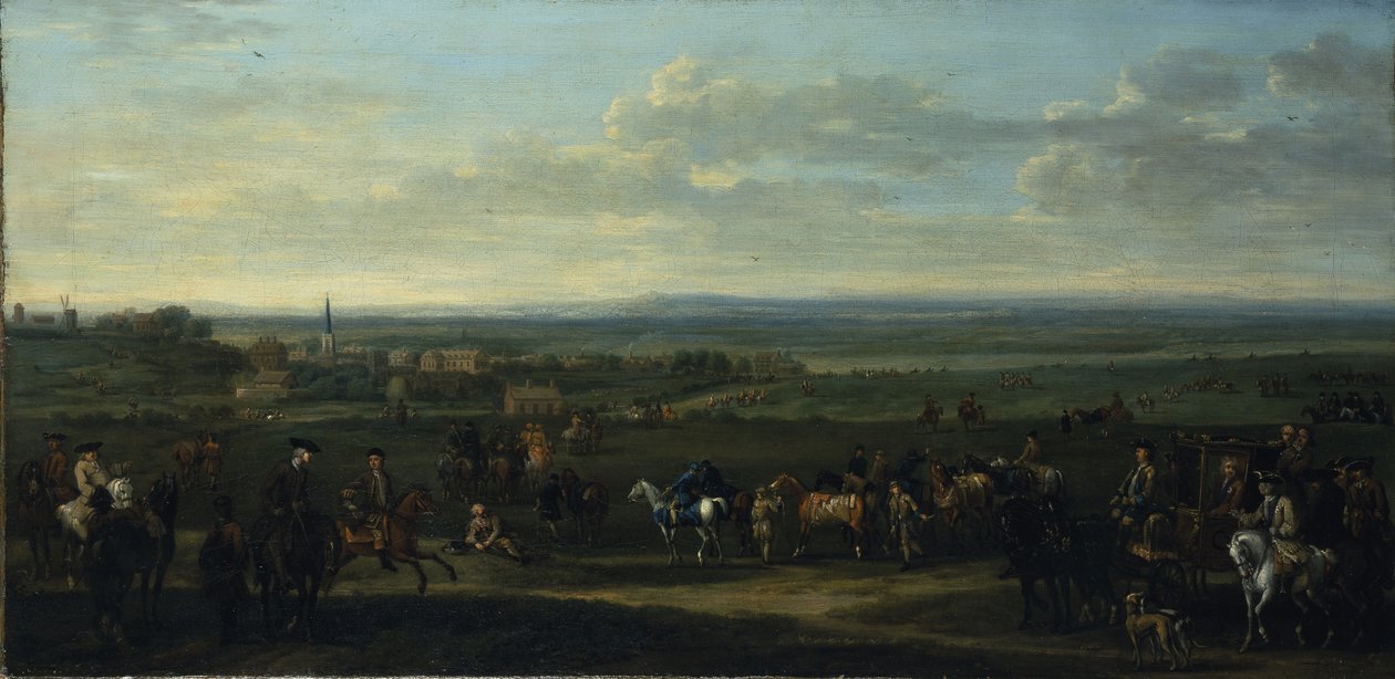 En utsikt over Old Newmarket med figurer og hester på Heath (olje på lerret) av John Wootton