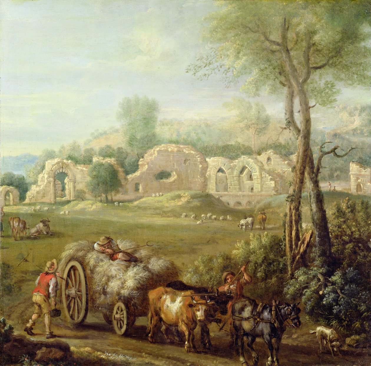 Haycart Passing a Ruined Abbey, ca. 1740-50 (olje på lerret) av John Wootton