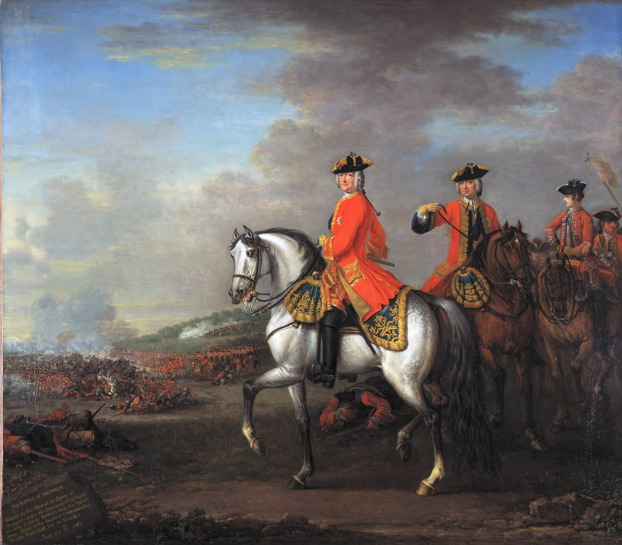Kong George II (1683-1760) i slaget ved Dettingen, med hertugen av Cumberland og Robert, 4. jarl av Holderness, 27. juni 1743, ca. 1743 av John Wootton
