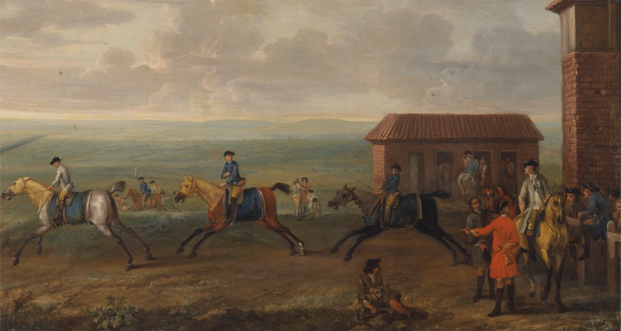 Lord Portmore ser på veddeløpshester på trening på Newmarket Heath av John Wootton