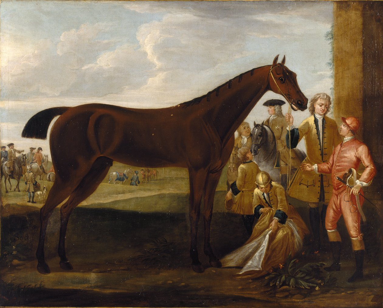 Scamp', en bukt veddeløpshest eid av den tredje hertugen av Devonshire og en jockey på en veddeløpsbane (Newmarket?) 1708-30 (olje på lerret) av John Wootton