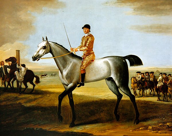 Hertugen av Rutlands berømte grå veddeløpshest Coneyskins med jockey oppe på Newmarket Heath (olje på lerret) av John Wootton