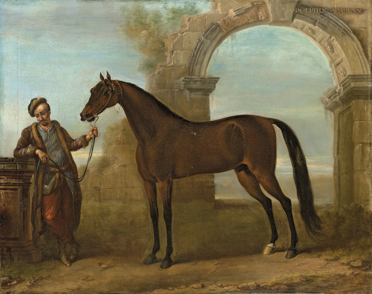Godolphin Arabien, holdt av en brudgom, i et landskap med en ødelagt bue, 1731 av John Wootton