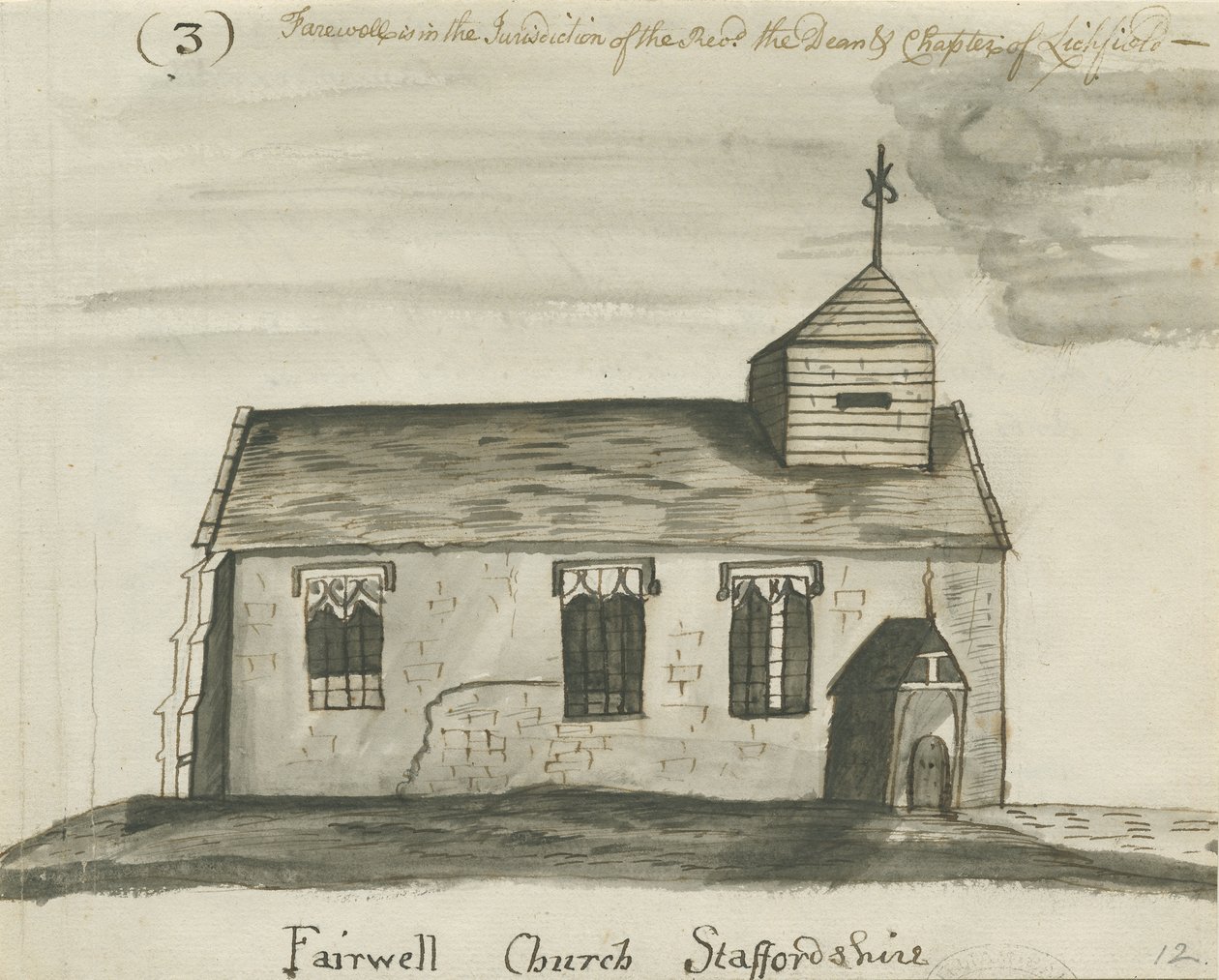 Farvel Church: sepia-tegning med penn og vask, og [c 1780] av John Wright