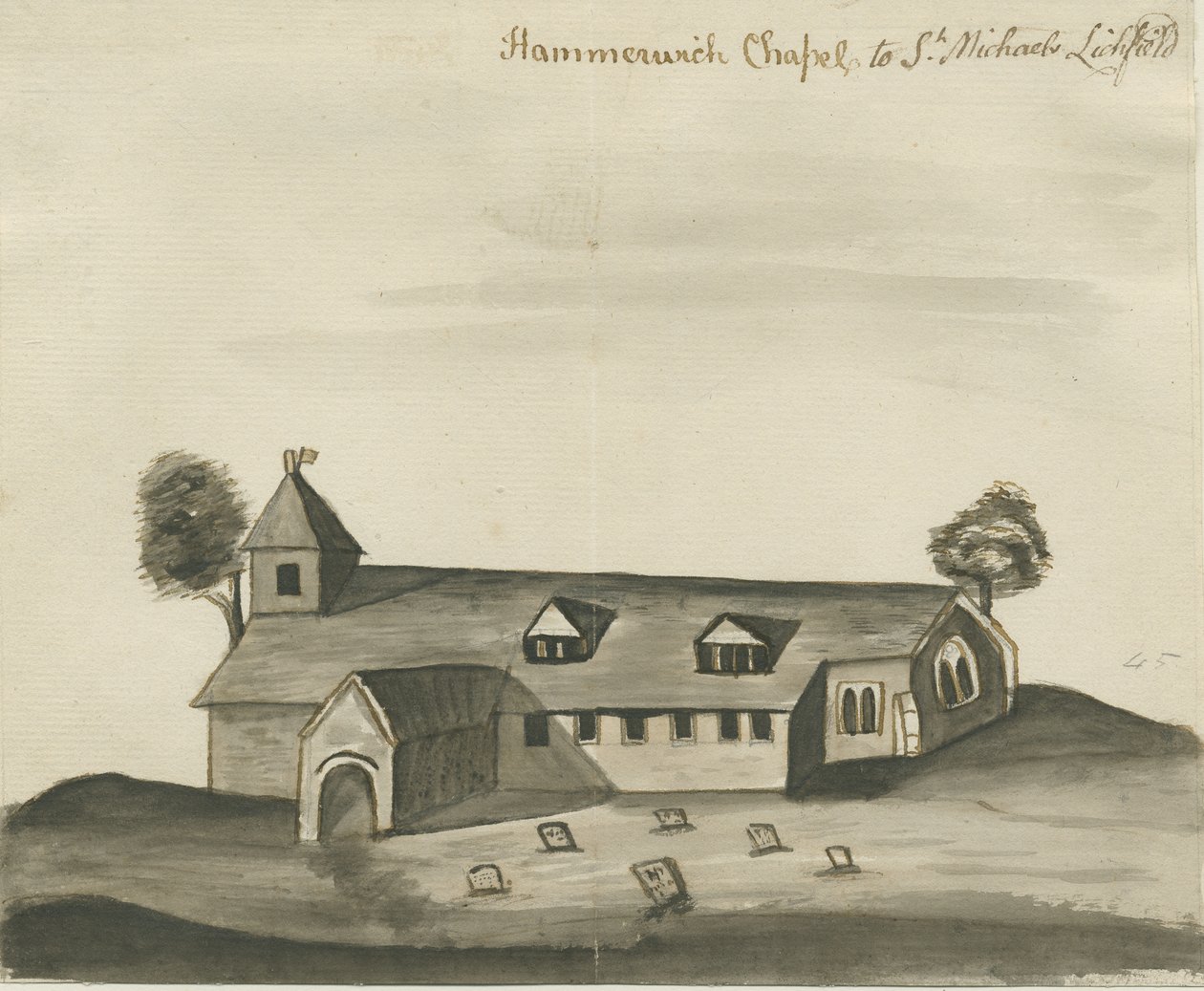 Hammerwich Church: sepia-tegning, nd [c 1780] av John Wright