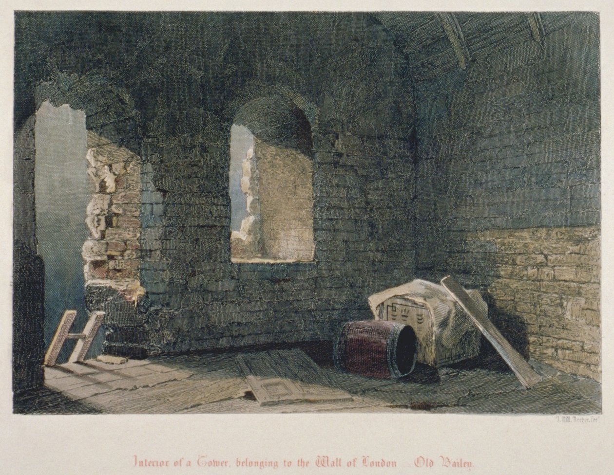 Innvendig visning av et tårn som tilhører London Wall ved Old Bailey, City of London, 1851 av John Wykeham Archer