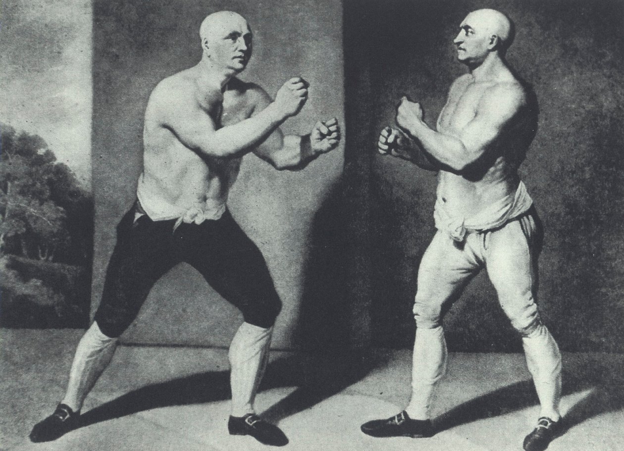 Tidlige britiske barefist-boksere, John Broughton (til venstre) og George Stevenson kjemper i 1741: Broughton oppfant boksehanske (mezzotint) av John Young