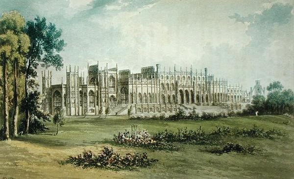 Eaton Hall, West of Garden Front, fra Ackermanns Repository of Arts, utgitt ca. 1826 (se også 182260) av John after Gendall