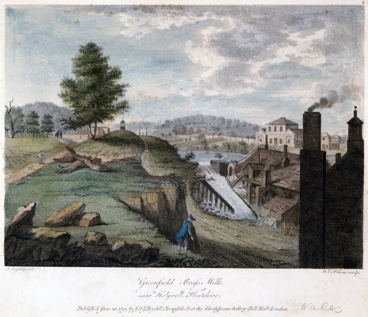 Greenfield Brass Mills, nær Holywell, Flintshire, gravert av W.C. Wilson, ca. 1792 av John after Ingleby