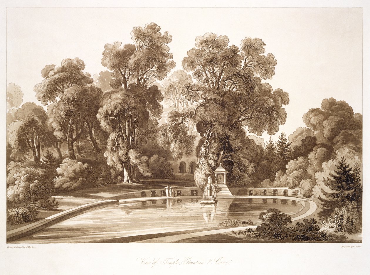 Utsikt over tempelfontenen og hulen, Sezincote, gravert av Frederick Christian Lewis Snr. (1779-1856), ca. 1817-18 (sepiaakvatint) (se også 171663) av John after Martin