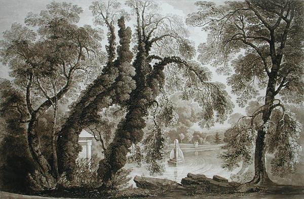 Utsikt over tempelfontenen fra motsatt side, Sezincote, gravert av Frederick Christian Lewis Snr. (1779-1856), ca. 1817-18 (sepiaakvatint) (se også 171661) av John after Martin