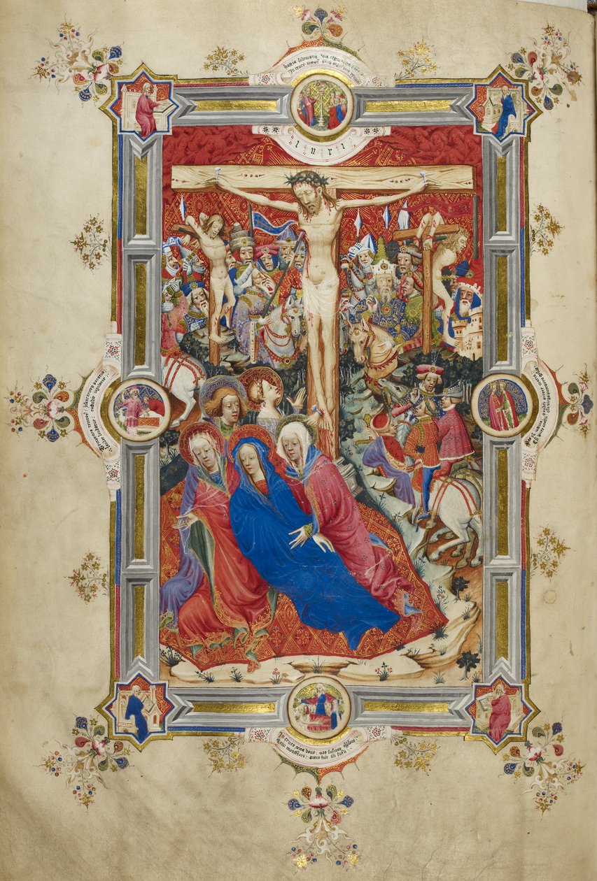 Korsfestelsen, introduserer messekanonen Kristus på korset, flankert av tyver, besvimende jomfru støttet av kvinner og St. Johannes, Magdalena ved foten av korset. Mengde av monterte tilskuere i moderne kjole, inkludert Longinus, med engler over av John and Siferwas John (fl. 1380–1421 Whas