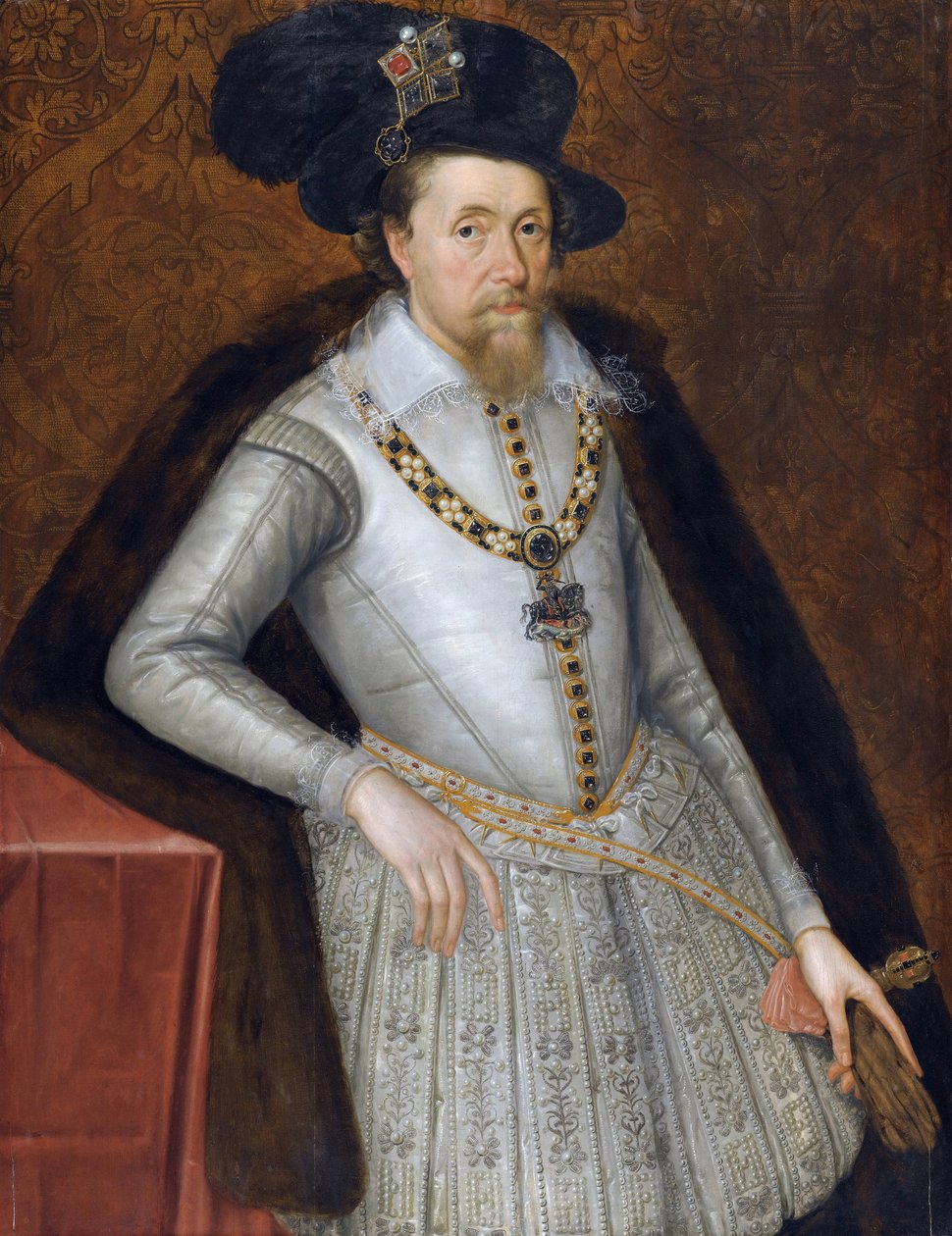 Jacques VI et Ier - Jacques Stuart - Portrett av kong James I av England (1566-1625) av John De Critz (Decritz), den eldste (1551/2-1642), tidlig på 1600-tallet. - Olje på tre av John de Critz
