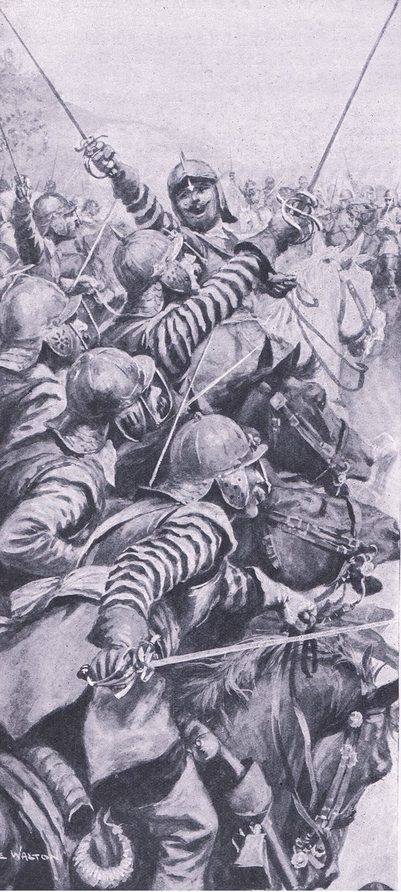 Kavaleriengasjement i slaget ved Edgehill, 23. oktober 1642, illustrasjon fra britiske slag på land og hav, 1915 av John de Walton