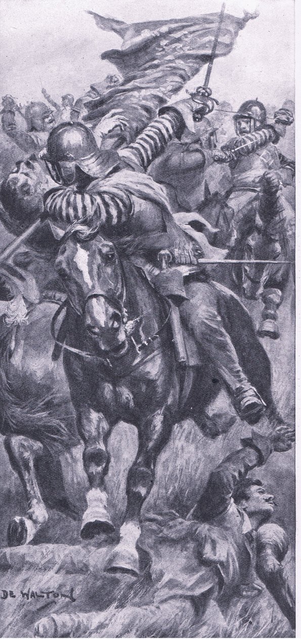 Løytnant John Smith tar tilbake kongens standard ved Edgehill, 23. oktober 1642, illustrasjon fra British Battles on Land and Sea, 1915 av John de Walton