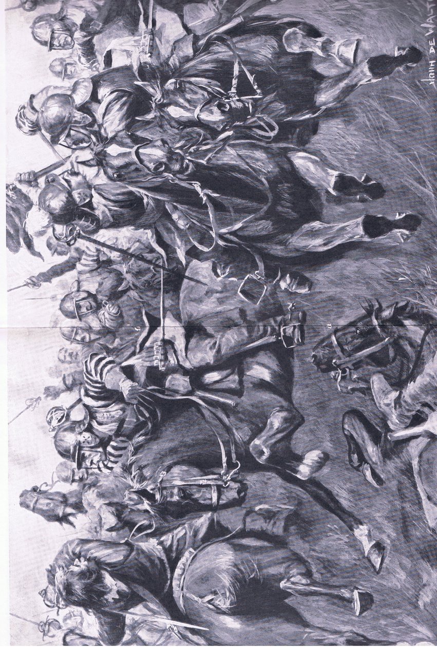Marston Moor, 2. juli 1644: Det skotske kavaleriet under Leslie, angriper prins Ruperts flanke, illustrasjon fra British Battles on Land and Sea, 1915 av John de Walton