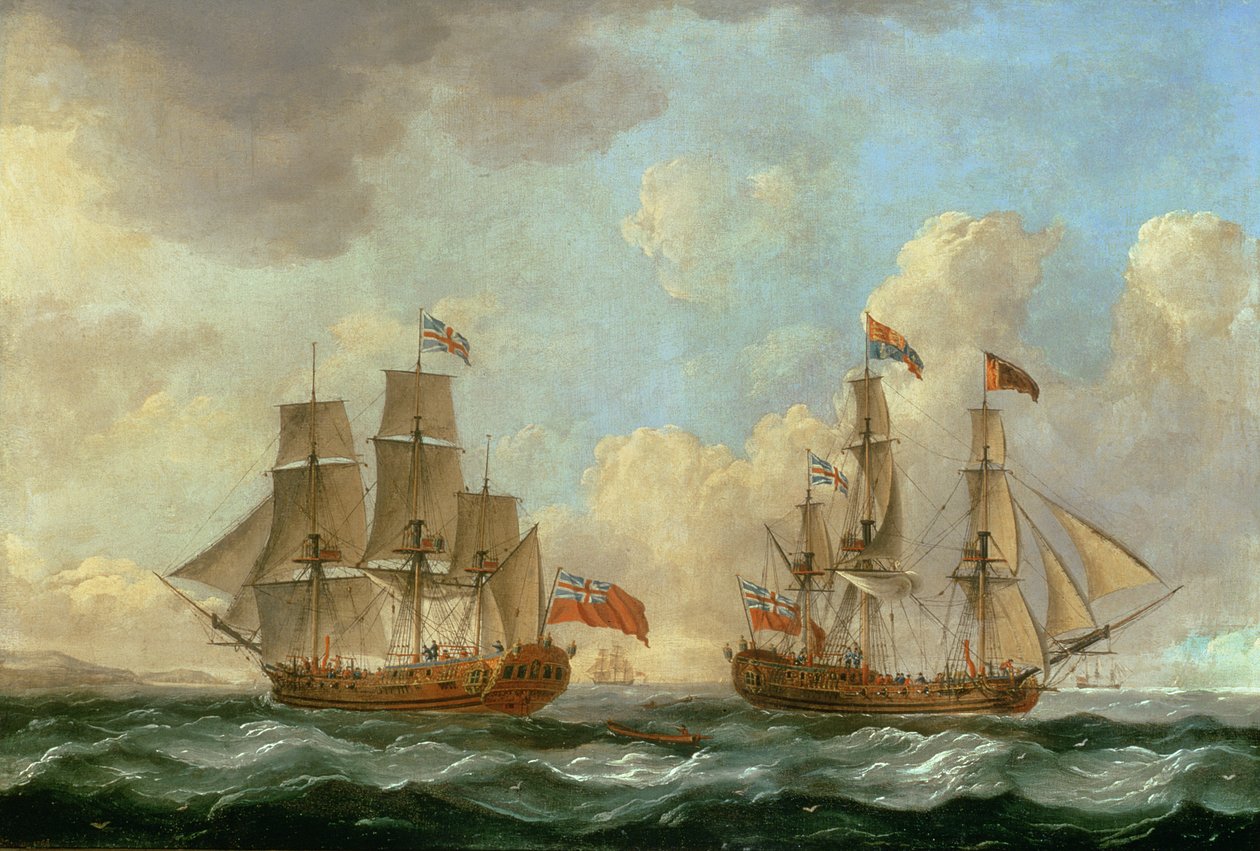 Peregrine i to posisjoner utenfor kysten, 1766 av John the Elder Cleveley