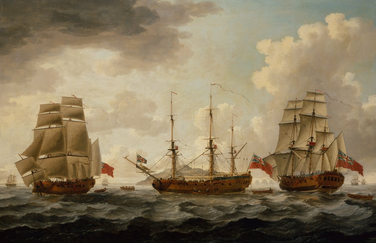 H.M.S. Tyrall i tre posisjoner utenfor Antigua av John the Younger Cleveley