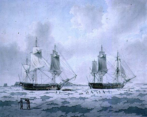 The Ships of Lord Mulgraves Expedition of Discovery innebygd i is i polarområdene av John the Younger Cleveley