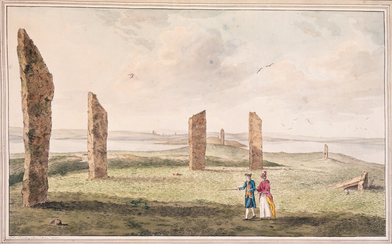 Utsikt over en halvsirkel av steiner på bredden av Stenhouse-sjøen på øya Pomona av John the Younger Cleveley