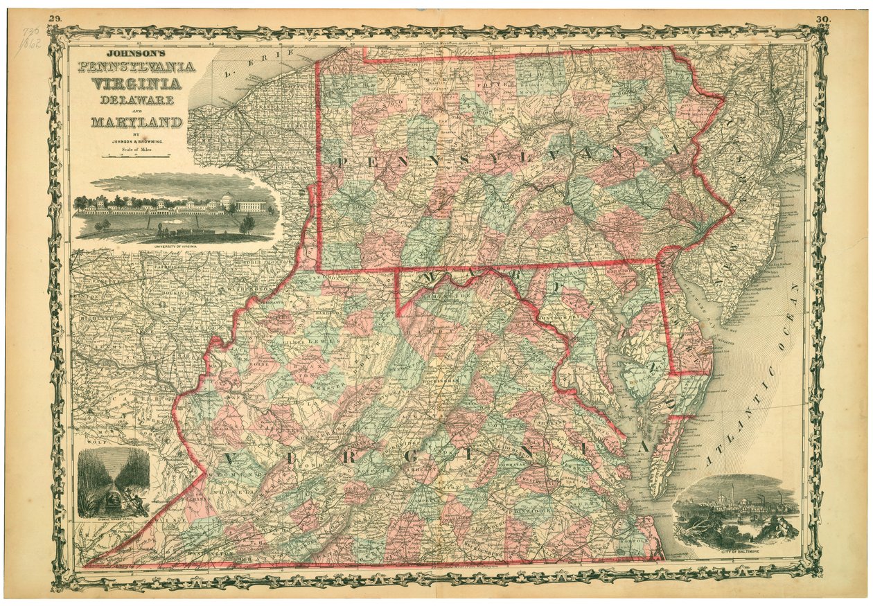University of Virginia, Dismal Swamp og City of Baltimore. Tallerkener 29-30. Relieff vist av hachures. av Johnson and Browning