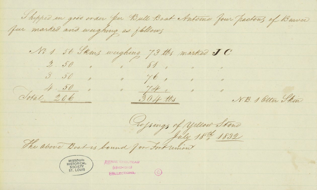 Notat fra Johnson Gardner, Crossings of Yellow Stone, 18. juli 1832 av Johnson Gardner